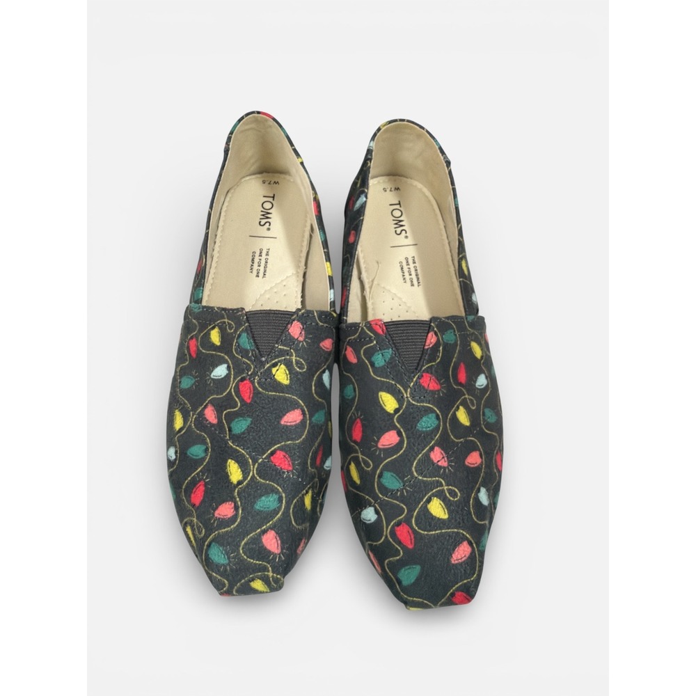 TOMS Belmont 7.5 Forged Iron Tree Lights Print Christmas Slip On Flats NEW